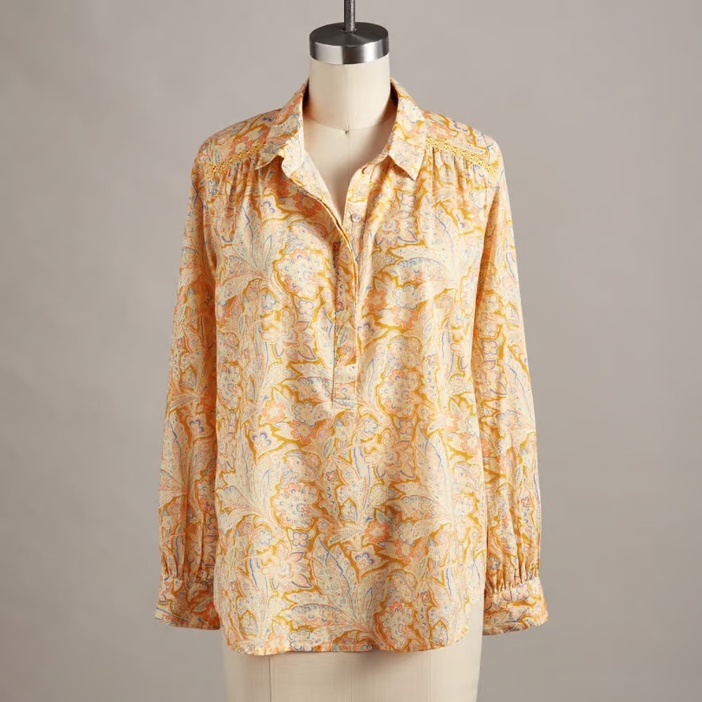 Sundance Poppy Bloom Shirt Henley Placket 100% Cotton Pullover Gold Petite Large